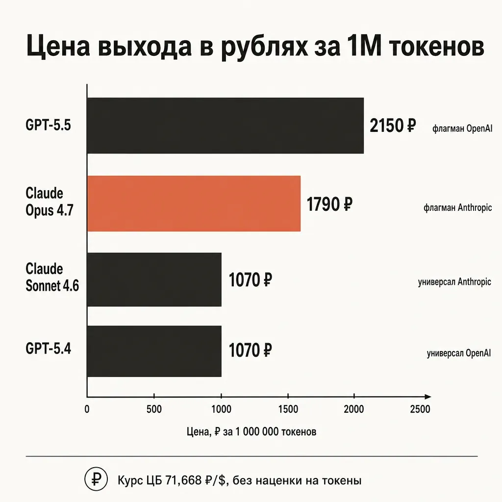 Горизонтальная столбчатая диаграмма стоимости 1 млн выходных токенов в рублях: GPT-5.5 2150 рублей, Claude Opus 4.7 1790 рублей терракотовым, Claude Sonnet 4.6 1070 рублей, GPT-5.4 1070 рублей, подписи какой провайдер чей флагман и универсал, заголовок Цена выхода в рублях за 1М токенов на русском, кремовый фон, плоский вектор