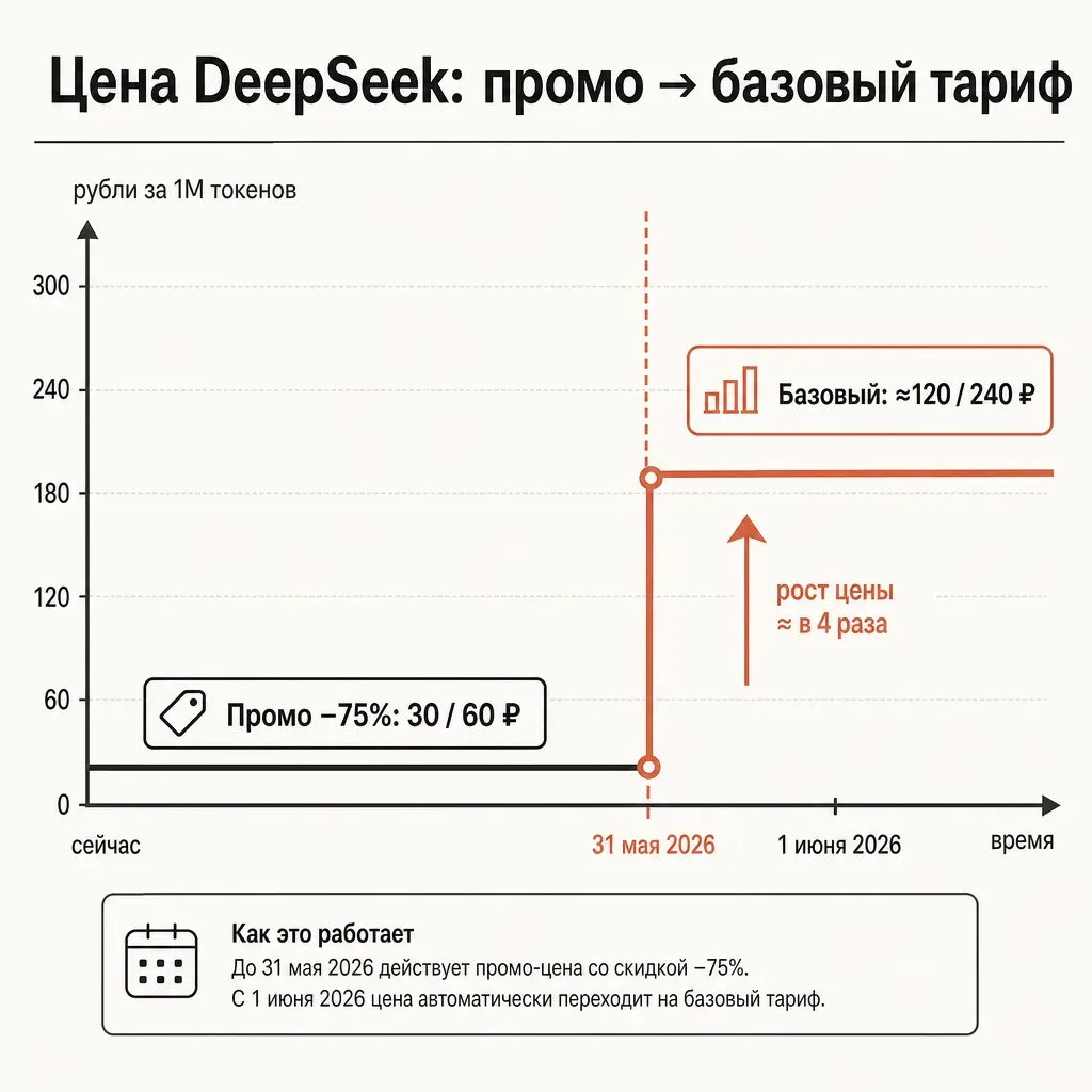 Горизонтальный таймлайн ценовой динамики: слева низкая отметка-точка промо-периода, затем ступенька вверх к более высокой отметке базового тарифа, вертикальная пунктирная линия-граница делит до и после, всё в терракотово-кремовой палитре без цифр
