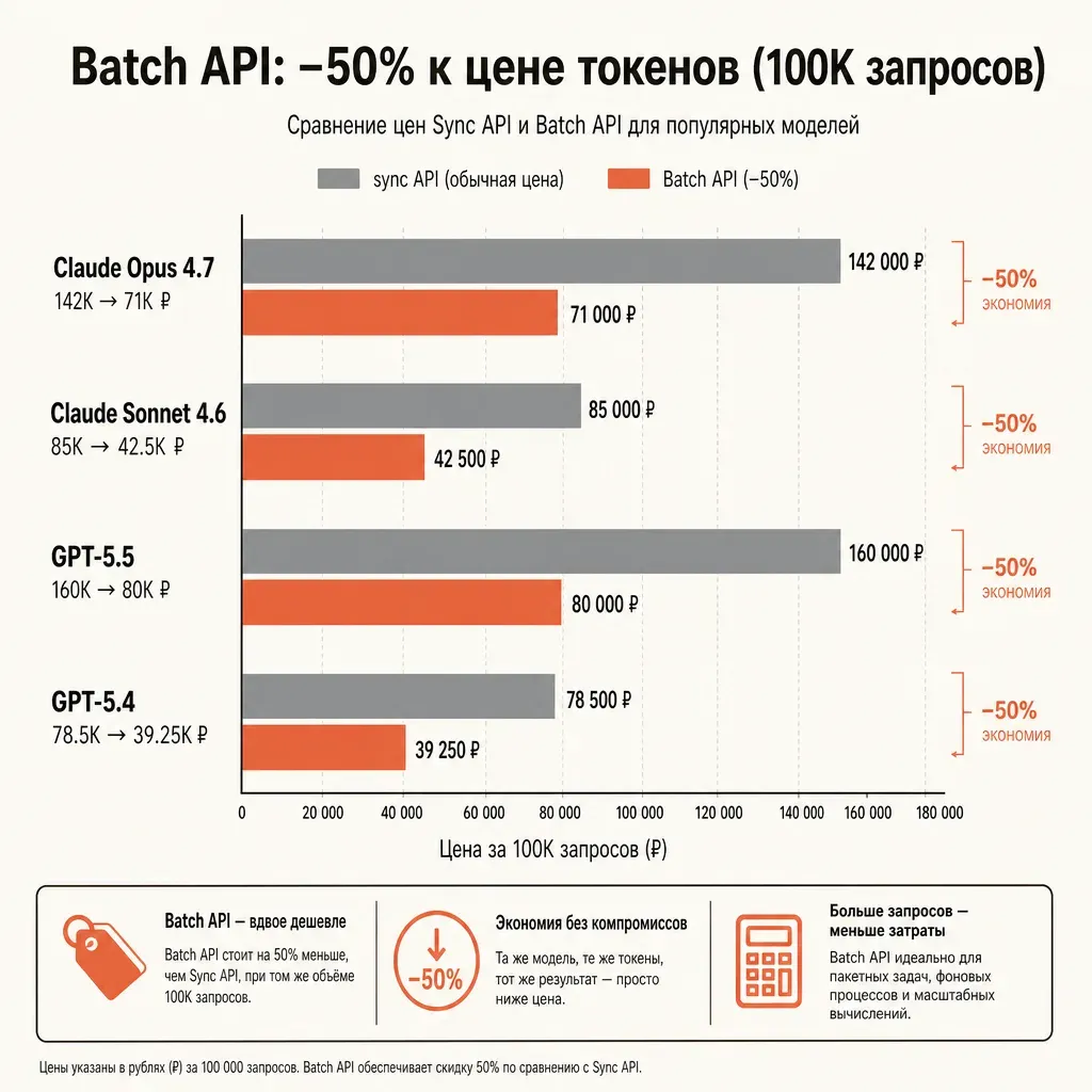 Сравнительная горизонтальная диаграмма цен Sync vs Batch для четырёх моделей: для каждой две полосы — серая «sync» и терракотовая «batch» вдвое короче, подписи в рублях; заголовок «Batch API: −50% к цене токенов»