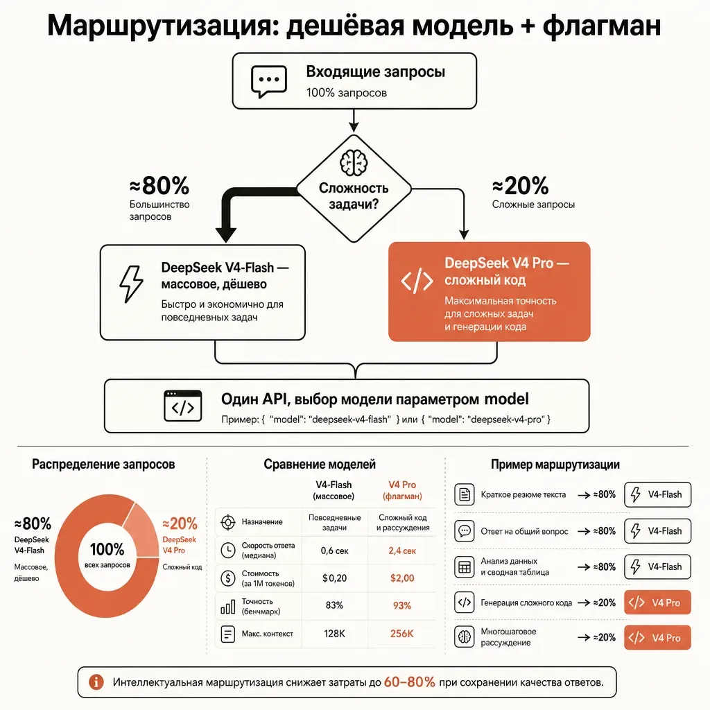 Схема двухуровневой маршрутизации: входящий поток стрелок разделяется на узле-развилке, большая часть уходит к маленькому прямоугольнику-«быстрой модели», тонкий ручеёк — к крупному прямоугольнику-«старшей модели», подсвеченному терракотой, без подписей