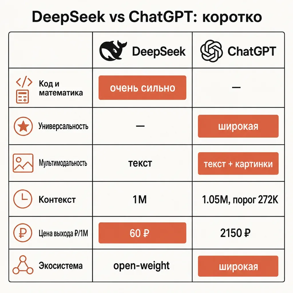 Честная таблица-сравнение DeepSeek и ChatGPT в виде сетки две колонки на семь строк: столбцы DeepSeek и ChatGPT, строки Код и математика, Универсальность, Мультимодальность, Контекст, Цена выхода в рублях, Экосистема, в ячейках короткие подписи на русском, терракотовые плашки на сильных сторонах каждой колонки, кремовый фон, графитовая сетка, плоский вектор