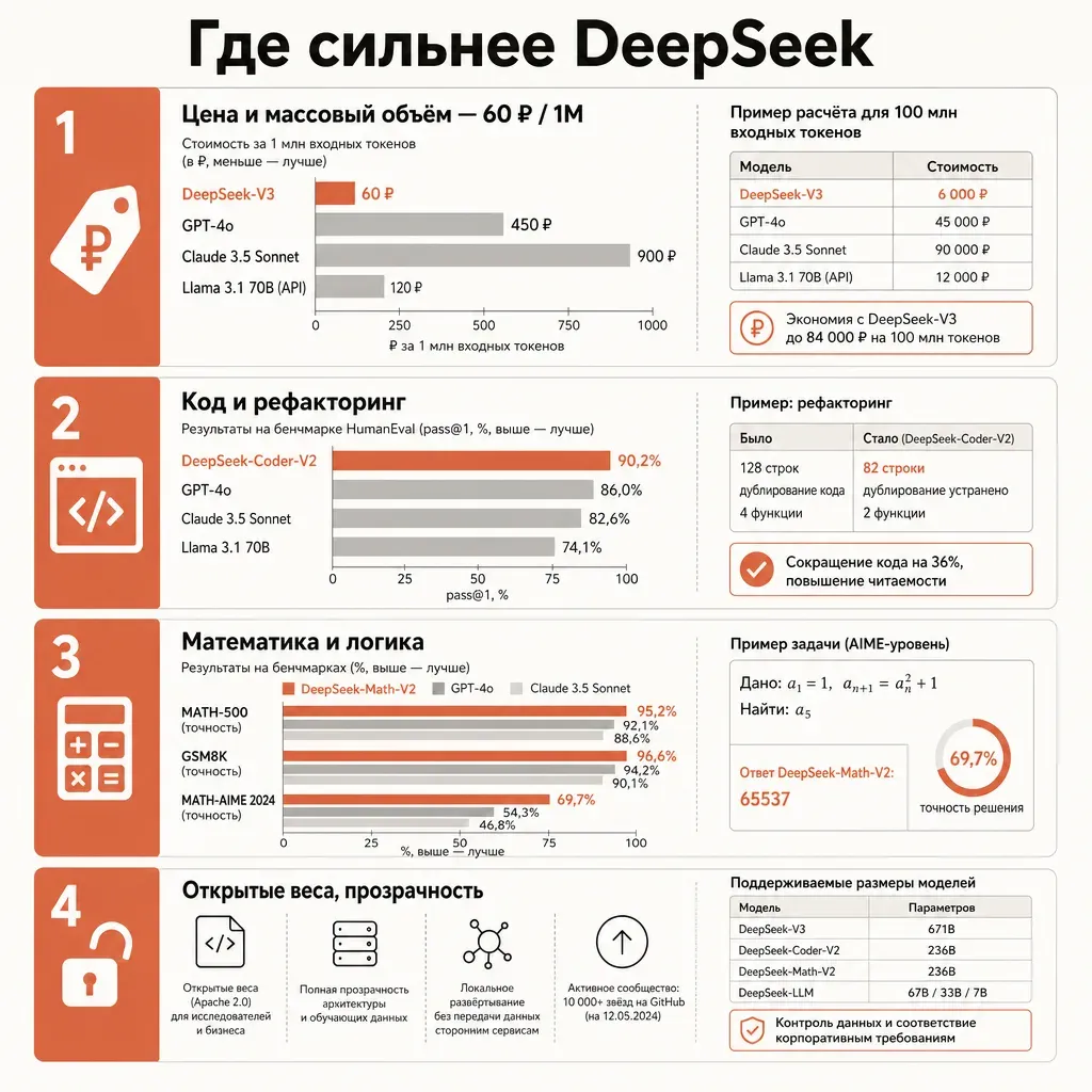 Карточка сильных сторон DeepSeek в виде четырёх блоков с подписями: Цена и массовый объём, Код и рефакторинг, Математика и логика, Открытые веса и прозрачность, каждый блок с короткой пометкой и иконкой-плашкой терракотового цвета, кремовый фон, заголовок Где сильнее DeepSeek на русском, плоский вектор