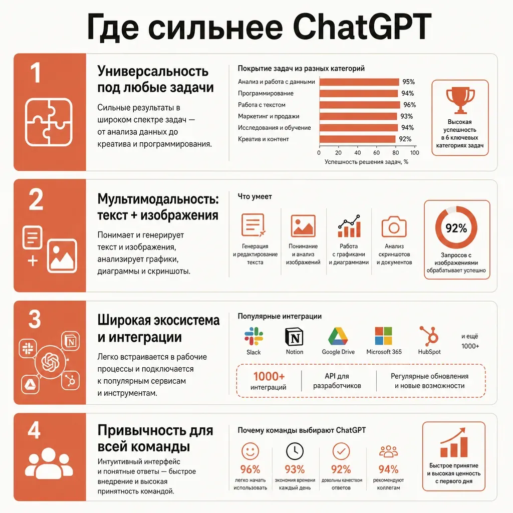 Карточка сильных сторон ChatGPT в виде четырёх блоков с подписями: Универсальность под любые задачи, Мультимодальность текст плюс изображения, Широкая экосистема и интеграции, Привычность для всей команды, каждый блок с короткой пометкой и плашкой терракотового цвета, кремовый фон, заголовок Где сильнее ChatGPT на русском, плоский вектор