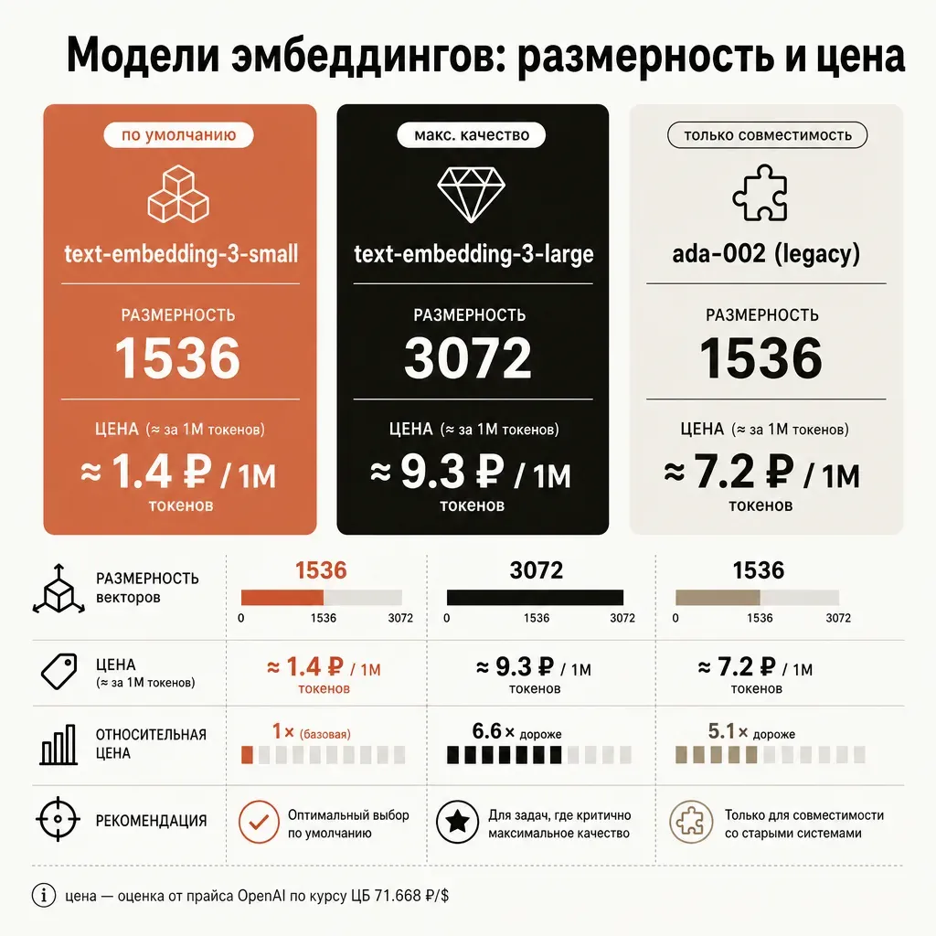 Сравнительная инфографика трёх моделей эмбеддингов на тёплом фоне: три карточки с подписями text-embedding-3-small, text-embedding-3-large и ada-002, у каждой размерность 1536, 3072, 1536 и цена в рублях за миллион токенов, карточка small выделена терракотовым как рекомендованная по умолчанию, подписи на русском