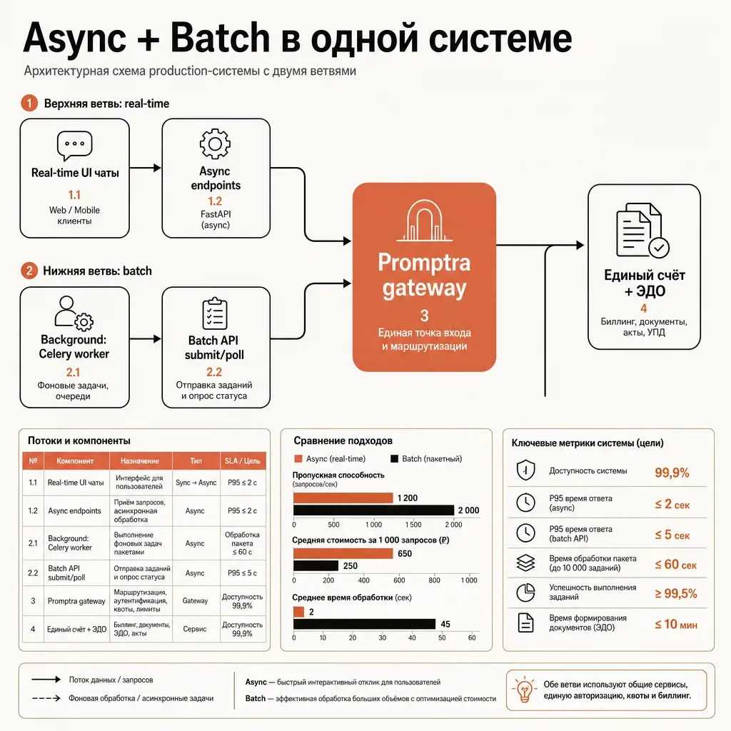Архитектурная схема production-системы: слева блок «Real-time UI чаты» соединён с «async endpoints», в центре «provod.ai gateway», справа блок «Background: Celery worker» через «Batch API submit/poll»; обе линии сходятся на «единый счёт + ЭДО»; заголовок «Async + Batch в одной системе»