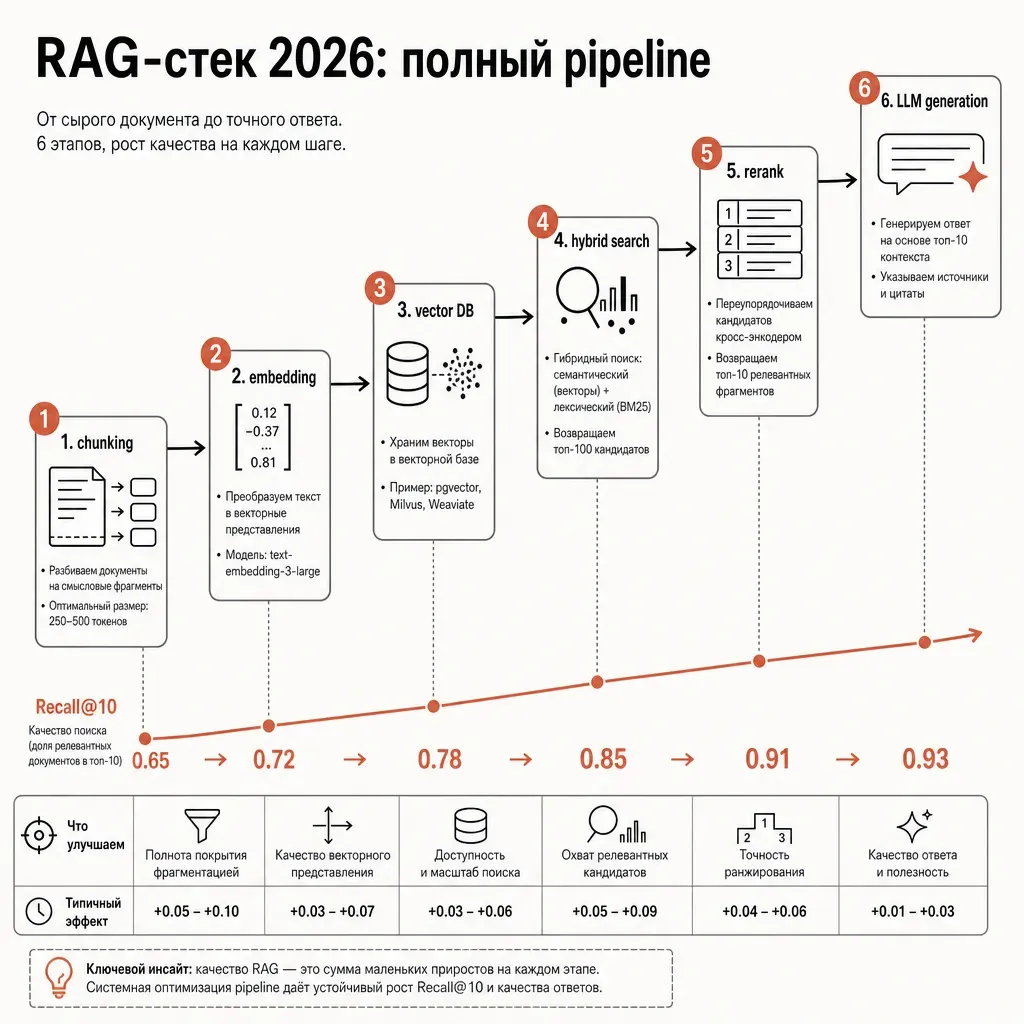 Финальная инфографика: 6 пронумерованных блоков по диагонали — «1. chunking», «2. embedding», «3. vector DB», «4. hybrid search», «5. rerank», «6. LLM generation», под ними подпись «RAG-стек 2026», восходящая линия Recall с подписями uplift'ов; заголовок «Полный pipeline RAG»