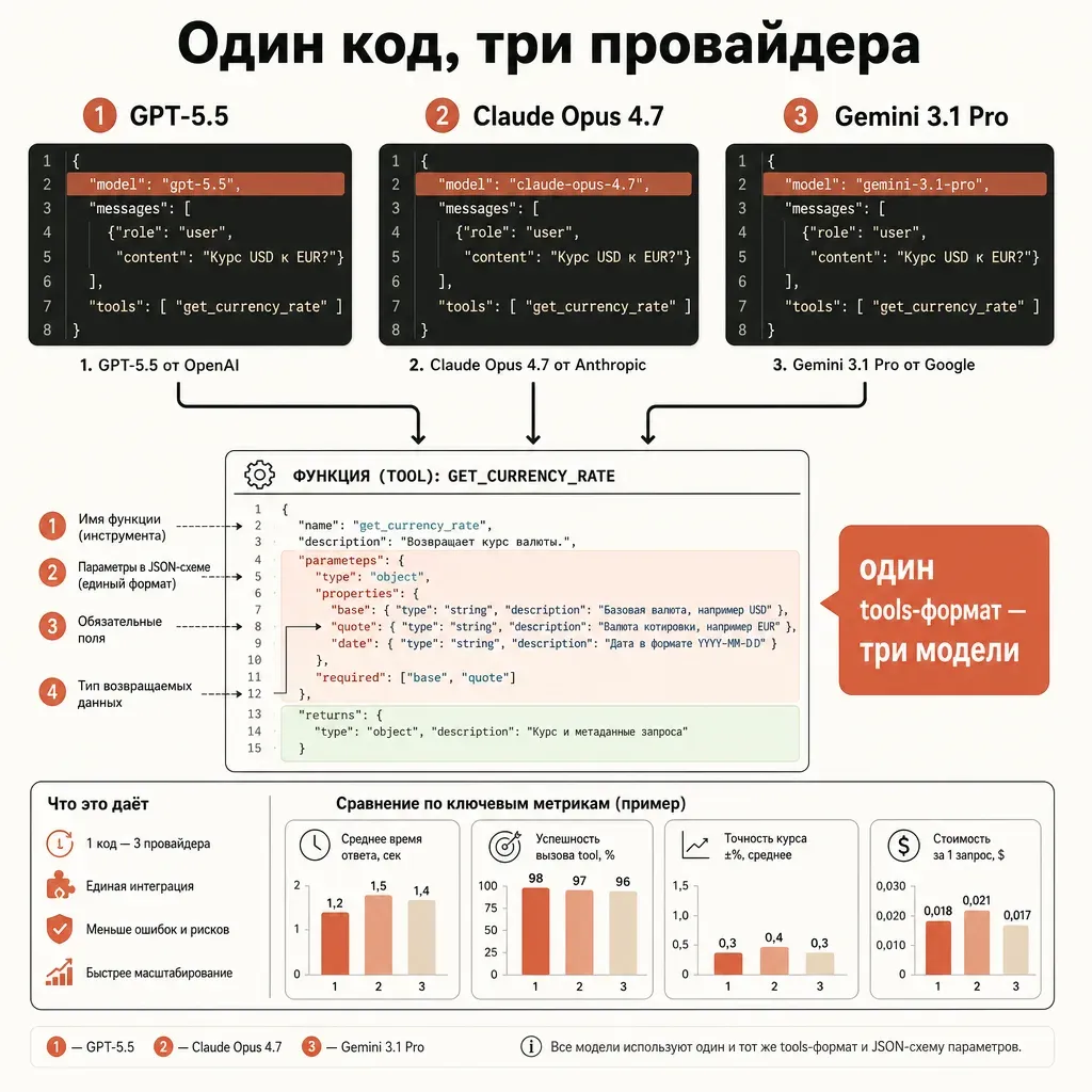 Три блока кода рядом со стрелками — «GPT-5.5», «Claude Opus 4.7», «Gemini 3.1 Pro» — все указывают на одну схему функции get_currency_rate, центральная подпись «Один tools-формат, три модели», терракотовый акцент на смене параметра model