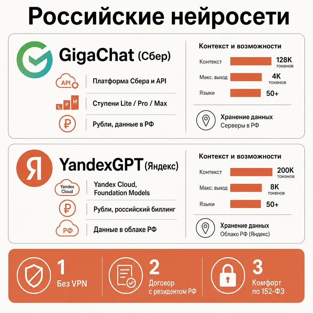 Карточка двух российских нейросетей GigaChat от Сбера и YandexGPT от Яндекса с их сильными сторонами: рубли, данные в РФ, без VPN, 152-ФЗ, кремовый фон, терракотовые акценты, подписи на русском