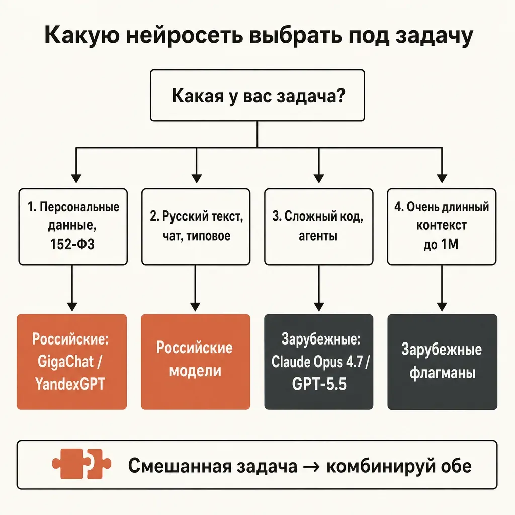 Карточка сильных сторон российских нейросетей в виде четырёх блоков: доступ и оплата в рублях, локальность данных и 152-ФЗ, русский язык как приоритет, интеграция в экосистемы Сбера и Яндекса, терракотовые плашки, кремовый фон, заголовок Где сильнее российские модели на русском, плоский вектор
