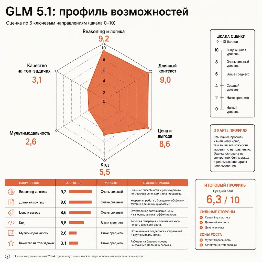 Профиль возможностей GLM 5.1 в виде радарной диаграммы с шестью осями: Reasoning и логика — высоко, Длинный контекст — высоко, Цена и выгода — очень высоко, Код — средне, Мультимодальность — низко, Качество на топ-задачах — средне; залитый терракотовый многоугольник на кремовом фоне