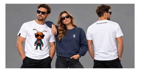 Three models in a QUBE Expo sweatshirt and T-shirts