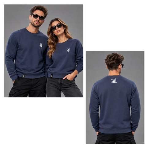 Navy QUBE Expo sweatshirt, front and back
