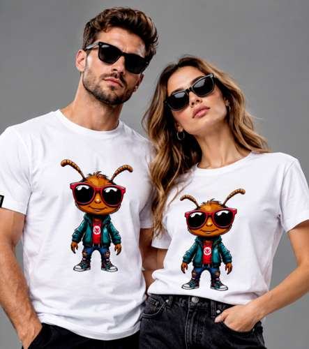 White T-shirt with the exhibition symbol on two models
