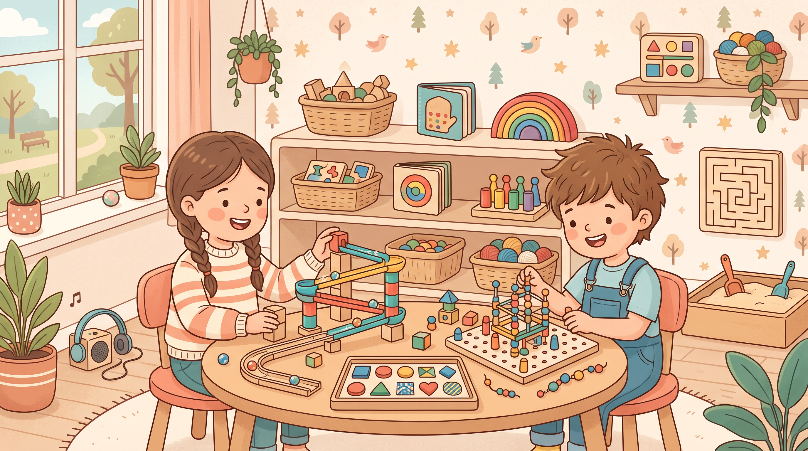 Ребенок играет с мелкими деталями, развивая мелкую моторику