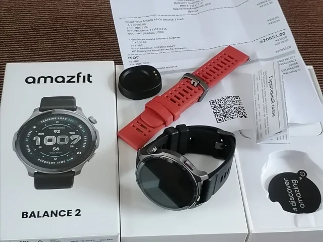 Фото: Amazfit balance 2 , полный комплект, состояние новых(один цикл зарядки) на экране плёнка, батарея в моём режиме месяц, г