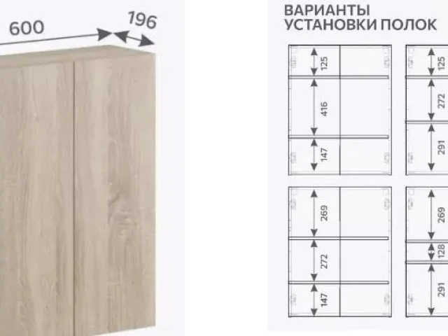 Фото: Шкаф подвесной, материал ЛДСП, 4 варианта расположения полок, высота 760 мм, ширина 600мм, глубина 196 мм, поставляется 