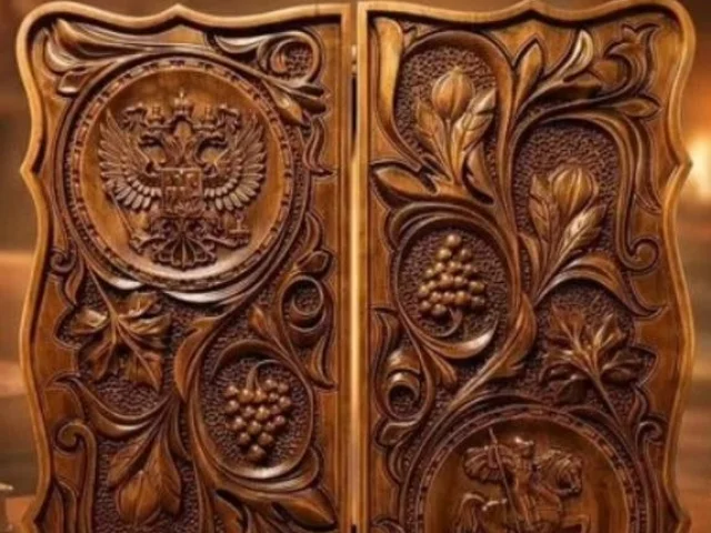 Фото: Нарды новые 60×60см.Рисунок  Георгий Победоносец,с другой стороны герб РФ.внутри рисунок орла. Материал корельская сосна