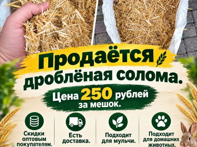 Фото: Продается дробленая солома. Цена 250 рублей за мешок. Скидка оптовым покупателям. Есть доставка. Подходит для мульчи и д