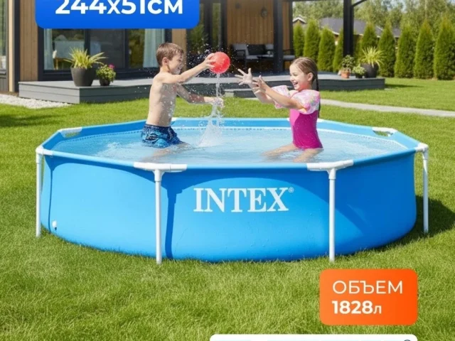 Фото: Бассейн каркасный Metal Frame, круглый, 244 х 51 см, 28205NP INTEX. Обьем 1828 л. Новый, запечатанный. + чехол для закры