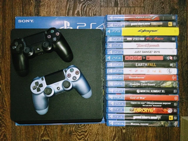 Фото: продам ps4 slim на 1000 gb + 2 джойстика + 17 лицензионных дисков в отличном состоянии. полный комплект с коробкой. плом