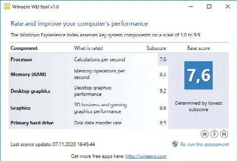 Скриншот №1 к программе Winaero WEI Tool