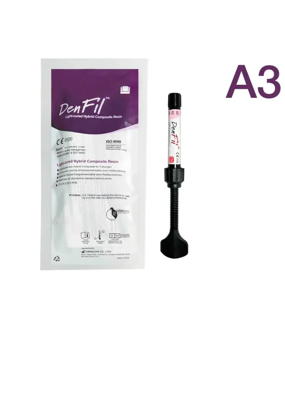 Композит светоотверждаемый микрогибридный, Vericom, Denfil, A3, шприц, 4 г