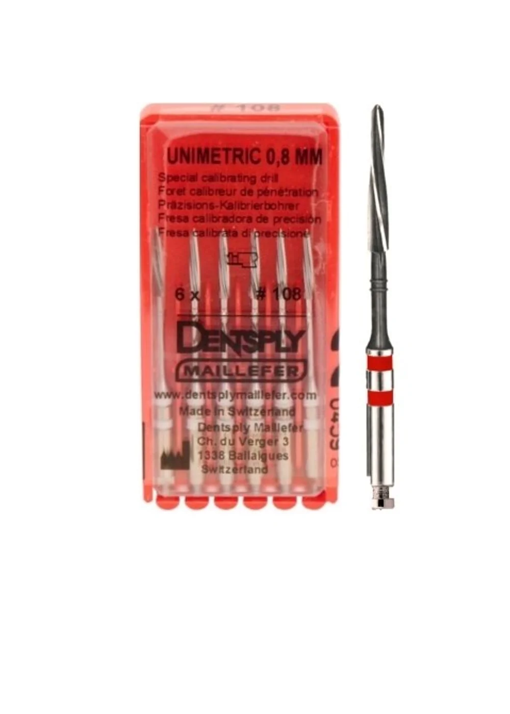 Unimetric калибровочный дриль №308 (6шт.) 2 полосы, красный, Maillefer