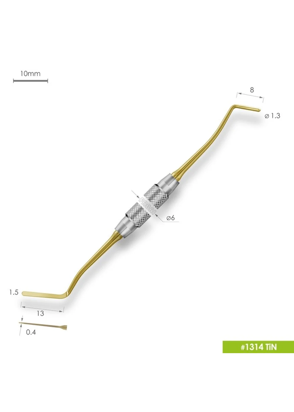 1314 TiN Удлиненная узкая гладилка с штопфером Ø1.3mm. Ручка Ø6mm. Покрытие Gold