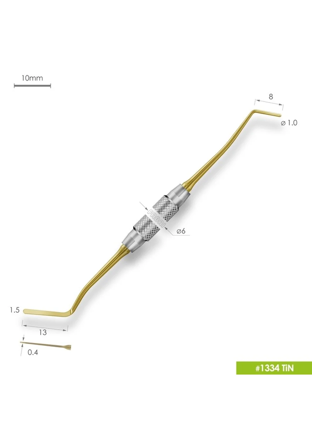 1334 TiN Удлиненная узкая гладилка с цилиндрическим штопфером Ø1.0mm. Ручка Ø6mm. Покрытие Gold