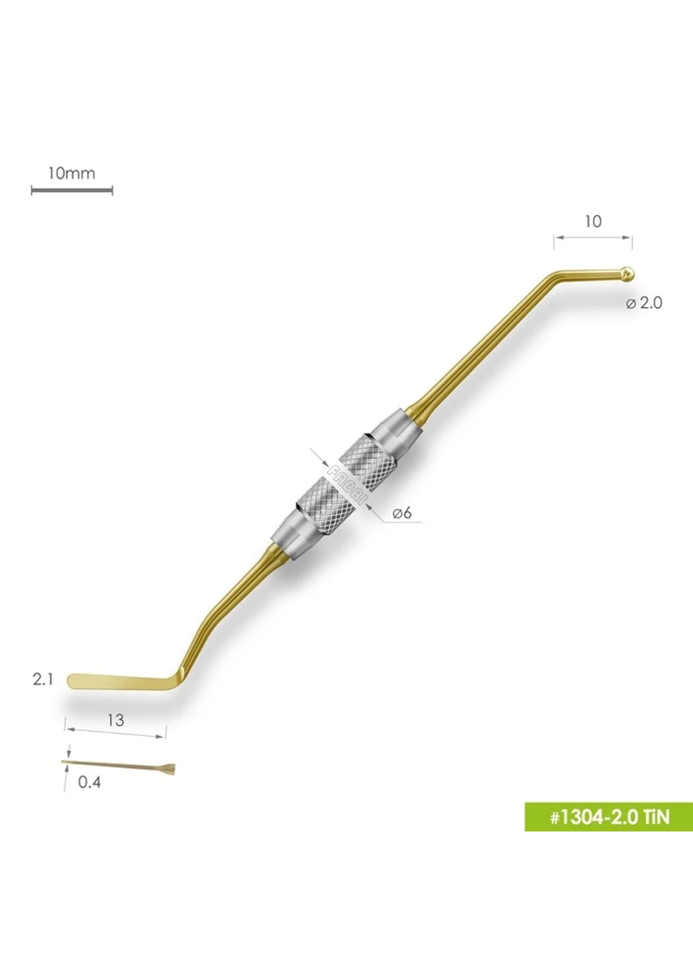 1304-2,0 TiN Удлиненная средняя гладилка с штопфером-шариком Ø2.0mm. Ручка Ø6mm. Покрытие Gold