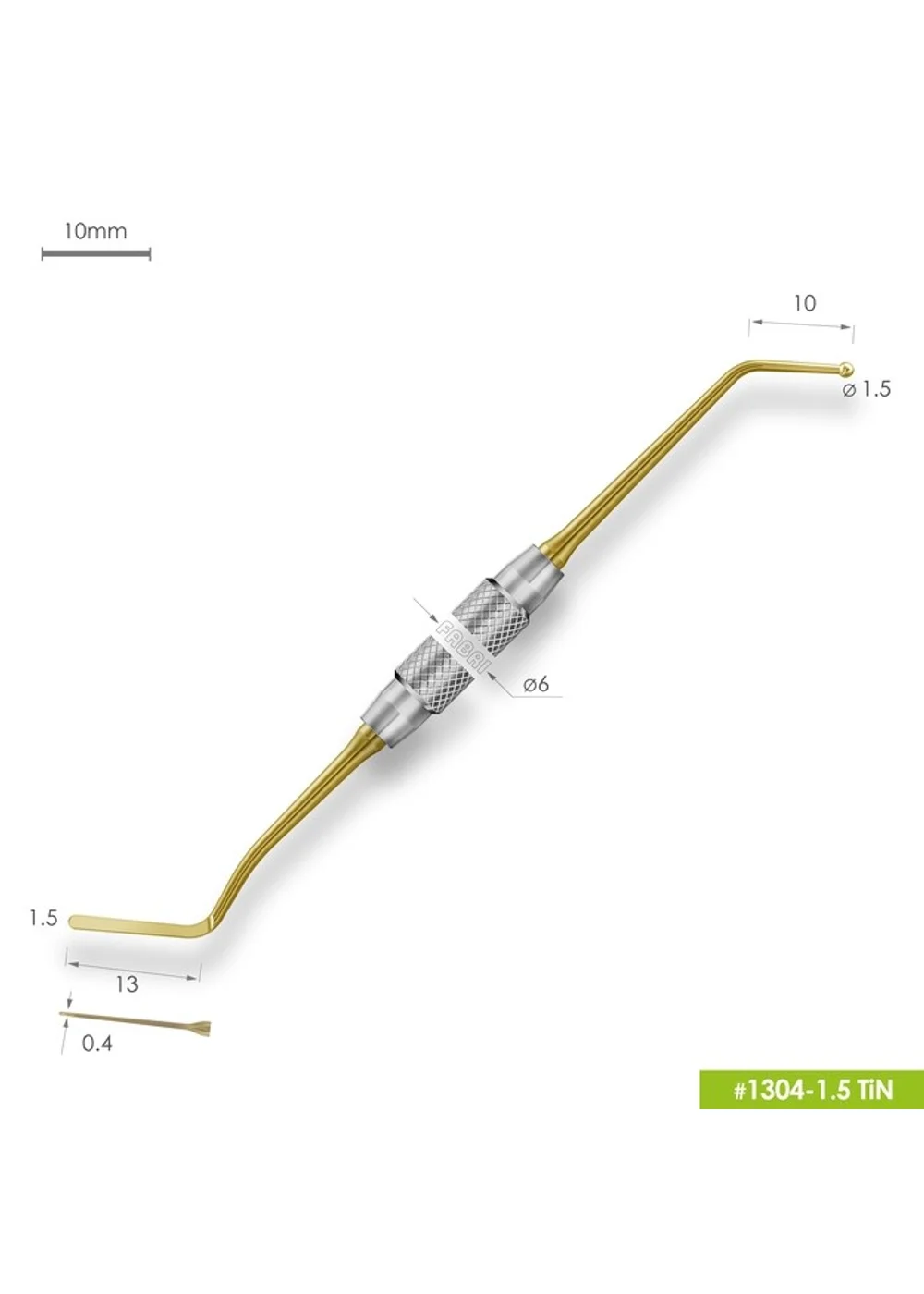 1304-1,5 TiN Удлиненная узкая гладилка с штопфером-шариком Ø1.5mm. Ручка Ø6mm. Покрытие Gold