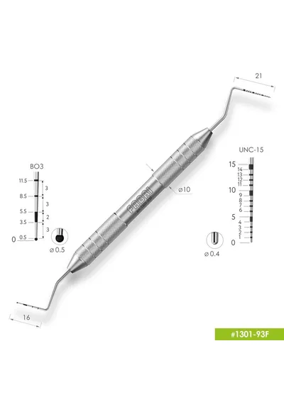 1301-93F Двухсторонний пародонтологический мерный зонд. Шкалы ВОЗ+UNC-15. Эргономичная ручка Ø10мм
