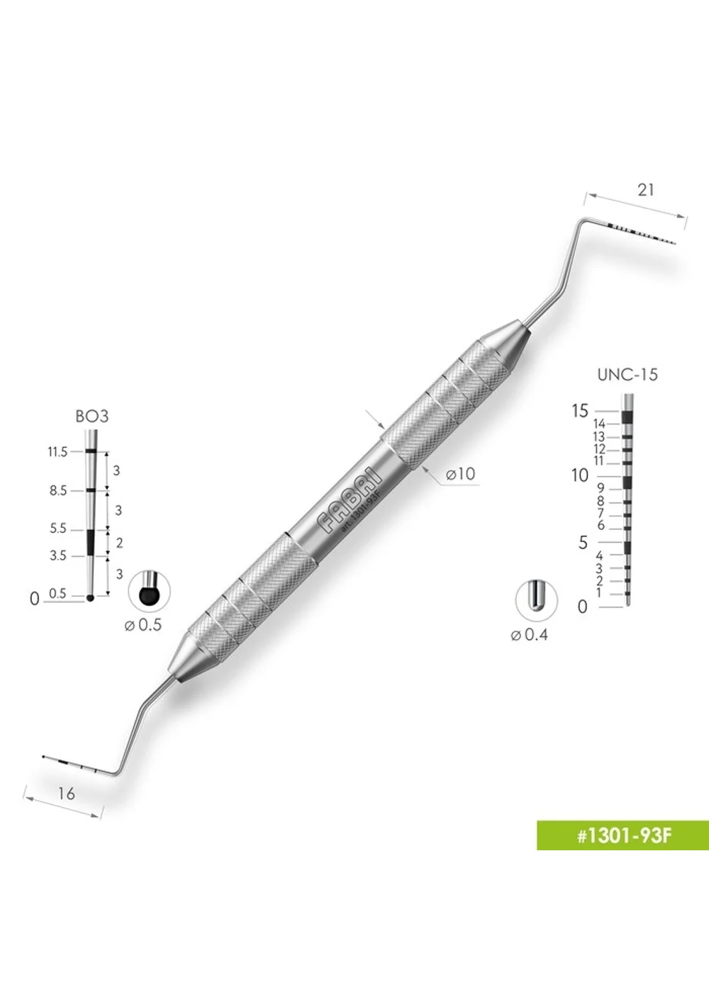 1301-93F Двухсторонний пародонтологический мерный зонд. Шкалы ВОЗ+UNC-15. Эргономичная ручка Ø10мм