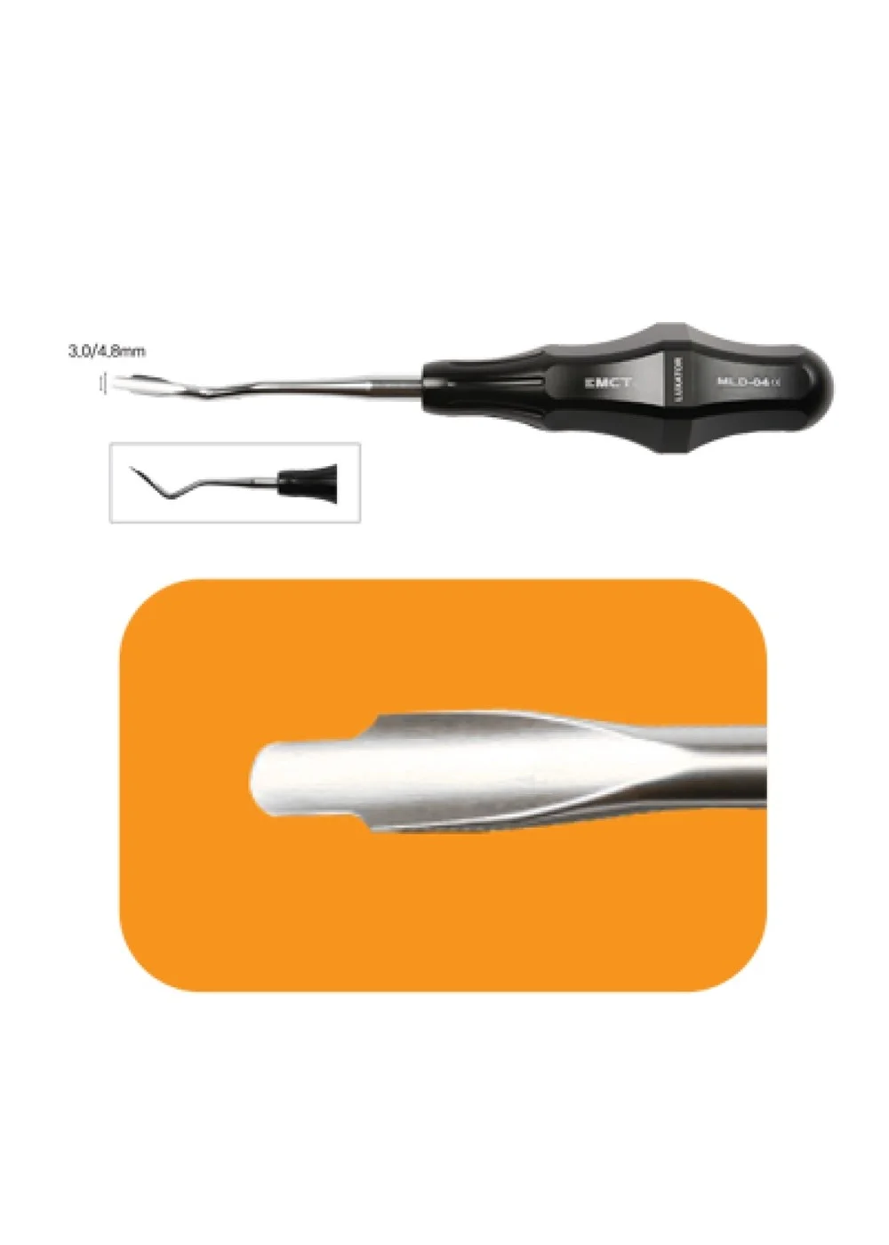 Люксатор-периотом Power Grip D04, с двойной кромкой, изогнутый вверх, для дистальных и проксимальных сторон премоляров и моляров, ширина 3,0/4.8 ммMLD-04 Стоматологический Люксатор-периотом Power Grip D04, с двойной кромкой, изогнутый вверх, для дистальны