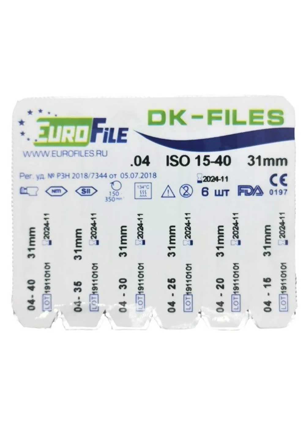 DK-Files - машинные файлы, конус .04, №15-40, 31 мм, никель-титан, 6 шт