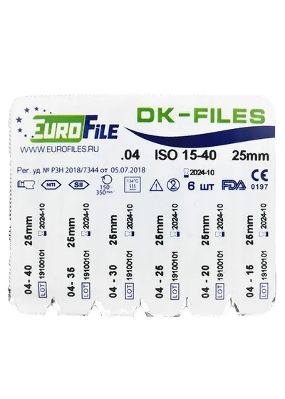 DK-Files - машинные файлы, конус .04, №15-40, 25 мм, никель-титан, 6 шт