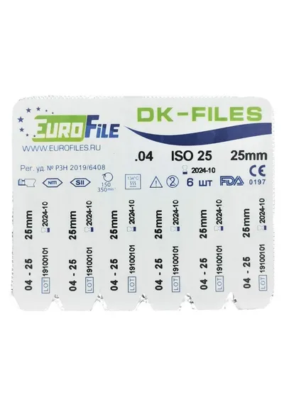 DK-Files - машинные файлы, конус .04, №25, 25 мм, никель-титан, 6 шт