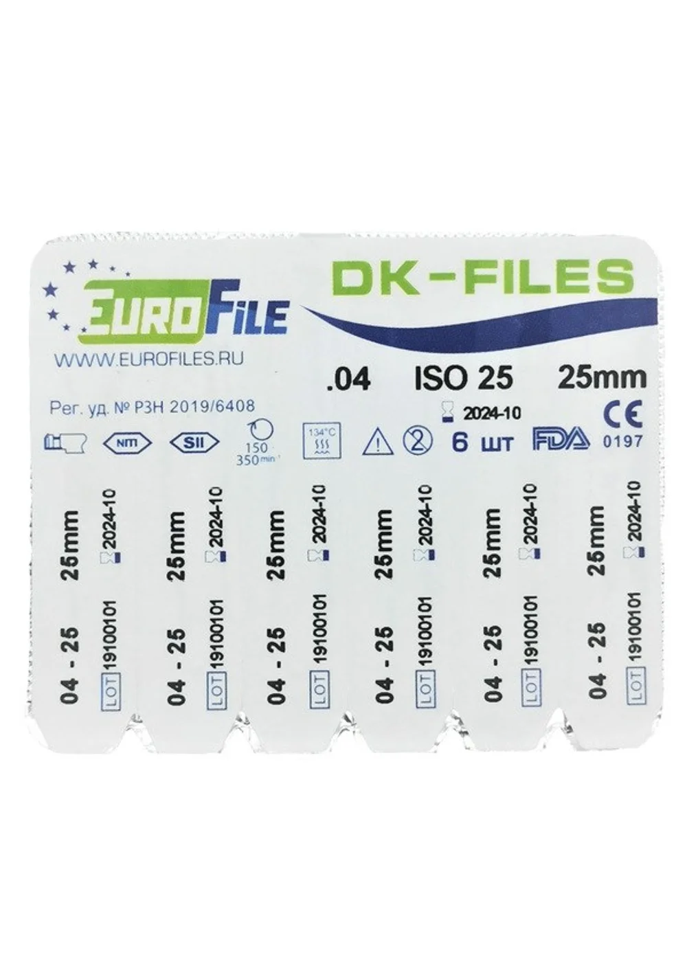 DK-Files - машинные файлы, конус .04, №25, 25 мм, никель-титан, 6 шт