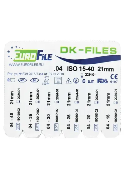 DK-Files - машинные файлы, конус .04, №15-40, 21 мм, никель-титан, 6 шт