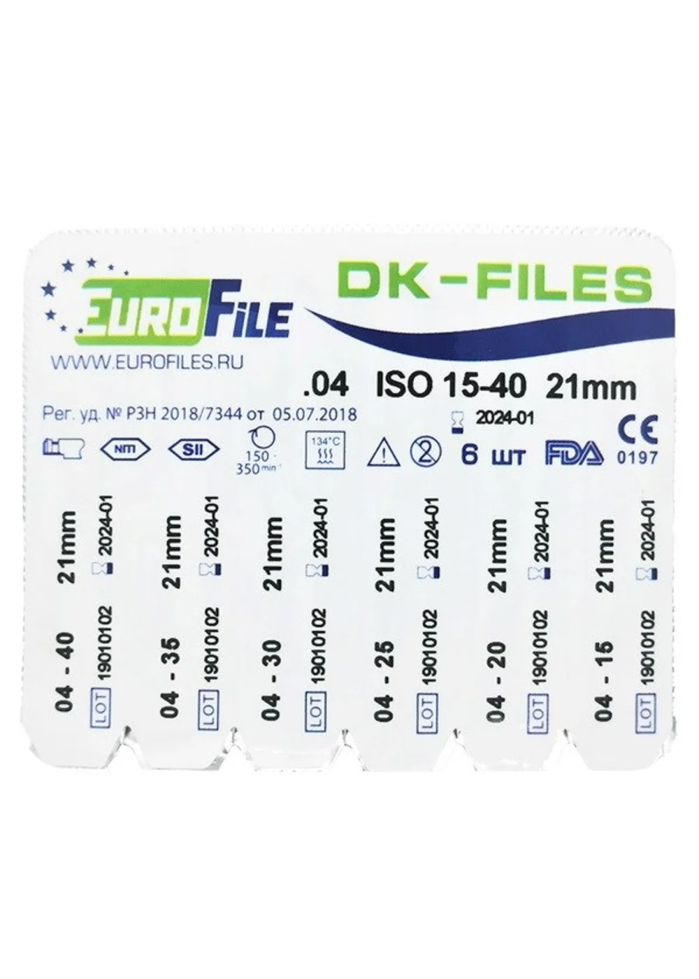 DK-Files - машинные файлы, конус .04, №15-40, 21 мм, никель-титан, 6 шт