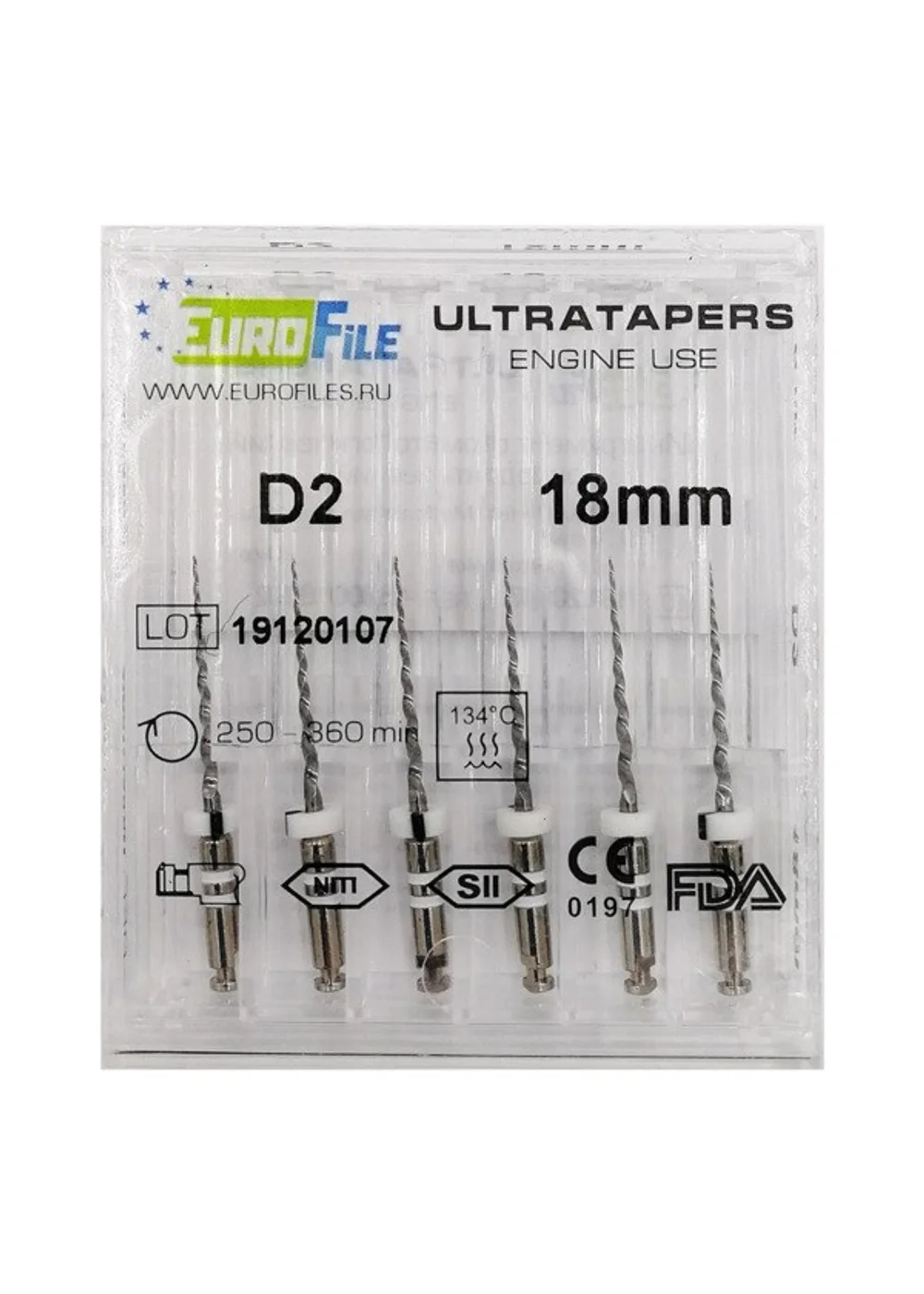 Ultratapers Engine - машинные файлы для перелечивания, 18 мм, размер D2, никель-титан, 6 шт