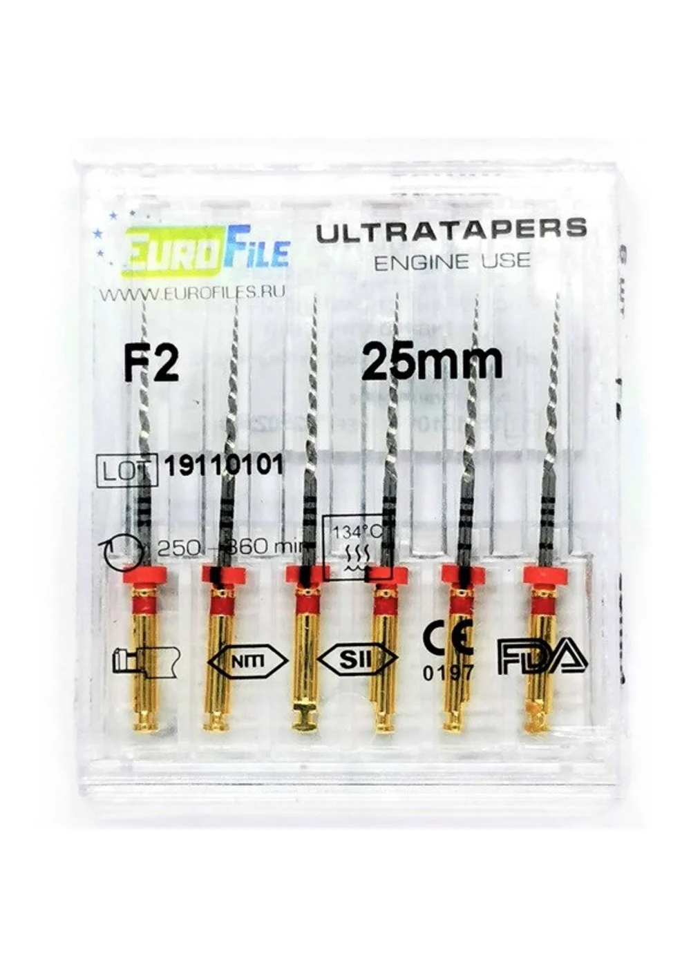 Ultratapers Engine - машинные файлы, 25 мм, размер F2, никель-титан, 6 шт