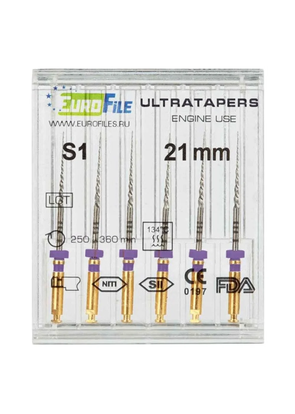 Ultratapers Engine - машинные файлы, 21 мм, размер S1, никель-титан, 6 шт