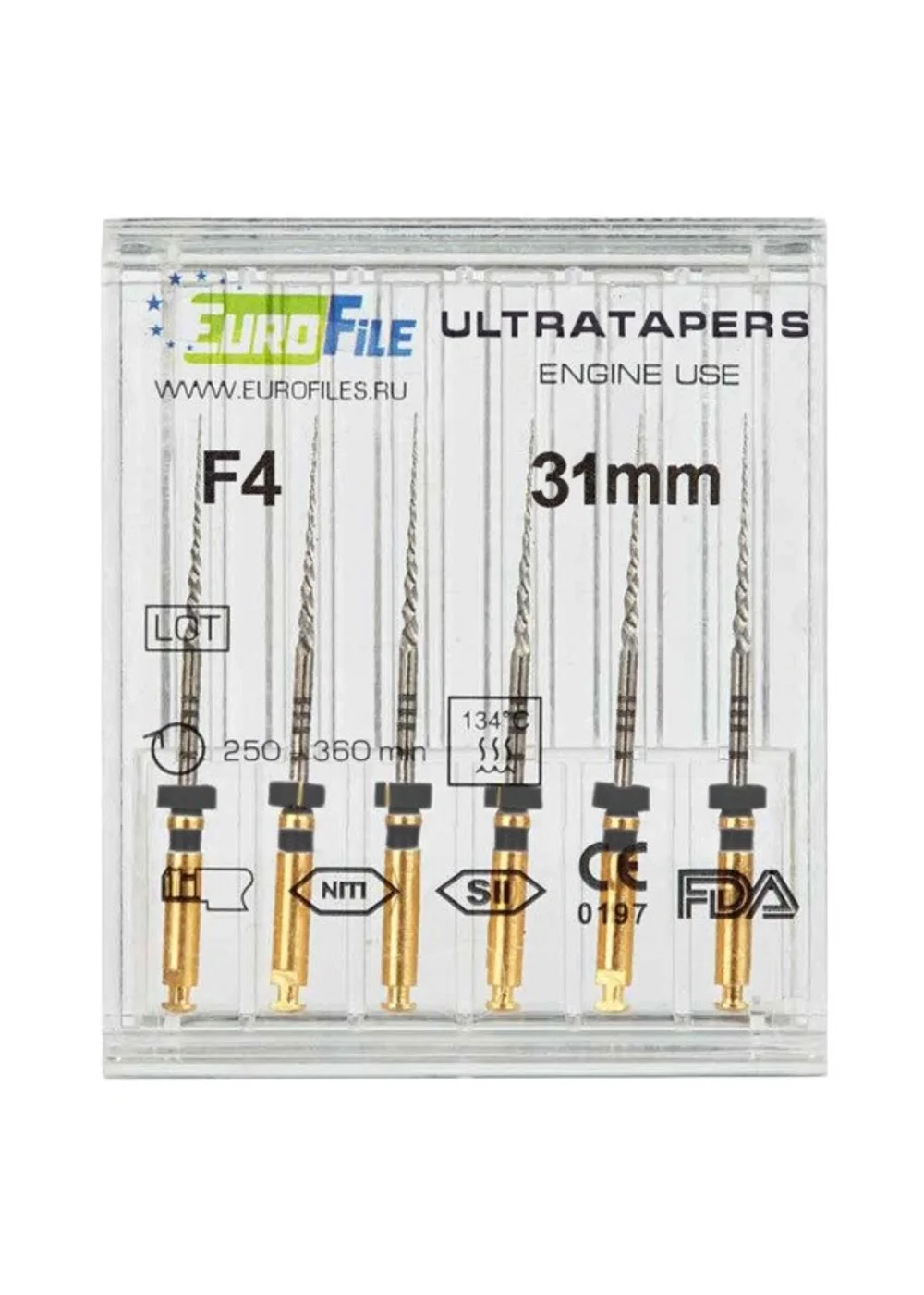 Ultratapers Engine - машинные файлы, 31 мм, размер F4, никель-титан, 6 шт