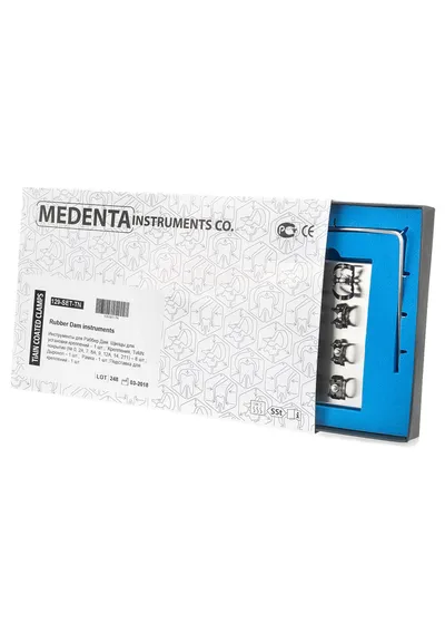 Medenta Rubber Dam Instruments TiAlN - комплект "Раббер Дам", 4 инструмента + 8 креплений с алюминий-титан-нитридным покрытием