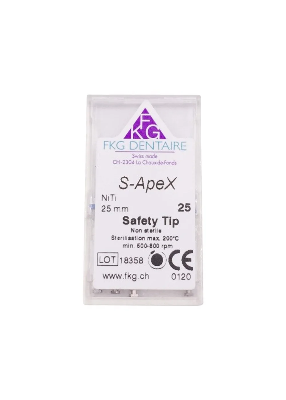 Машинный файл, FKG, S-Apex NiTi Ra, 25 мм, конус 2%, №25, апикальный уступ, стерильный, 6 шт