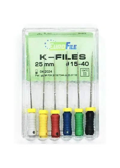 K-Files - ручные файлы, 25 мм, №15-40, сталь, 6 шт