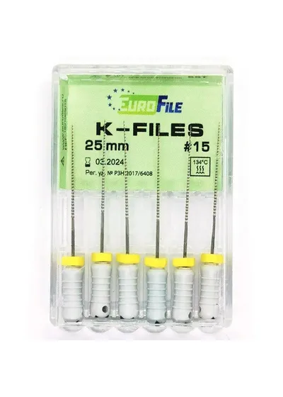 K-Files - ручные файлы, 25 мм, №15, сталь, 6 шт