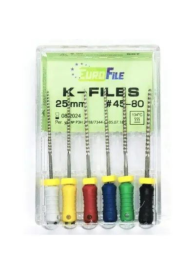 K-Files - ручные файлы, 25 мм, №45-80, сталь, 6 шт
