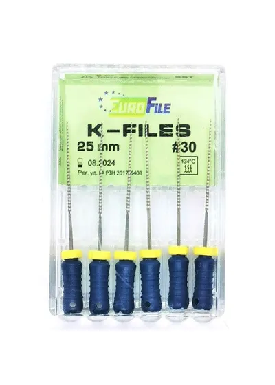 K-Files - ручные файлы, 25 мм, №30, сталь, 6 шт